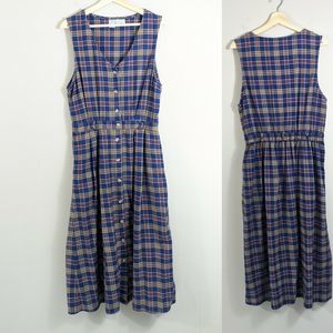 Vintage L.L. Bean Blue plaid Cotton Flannel Dress size M/L  1990's 90s pockets